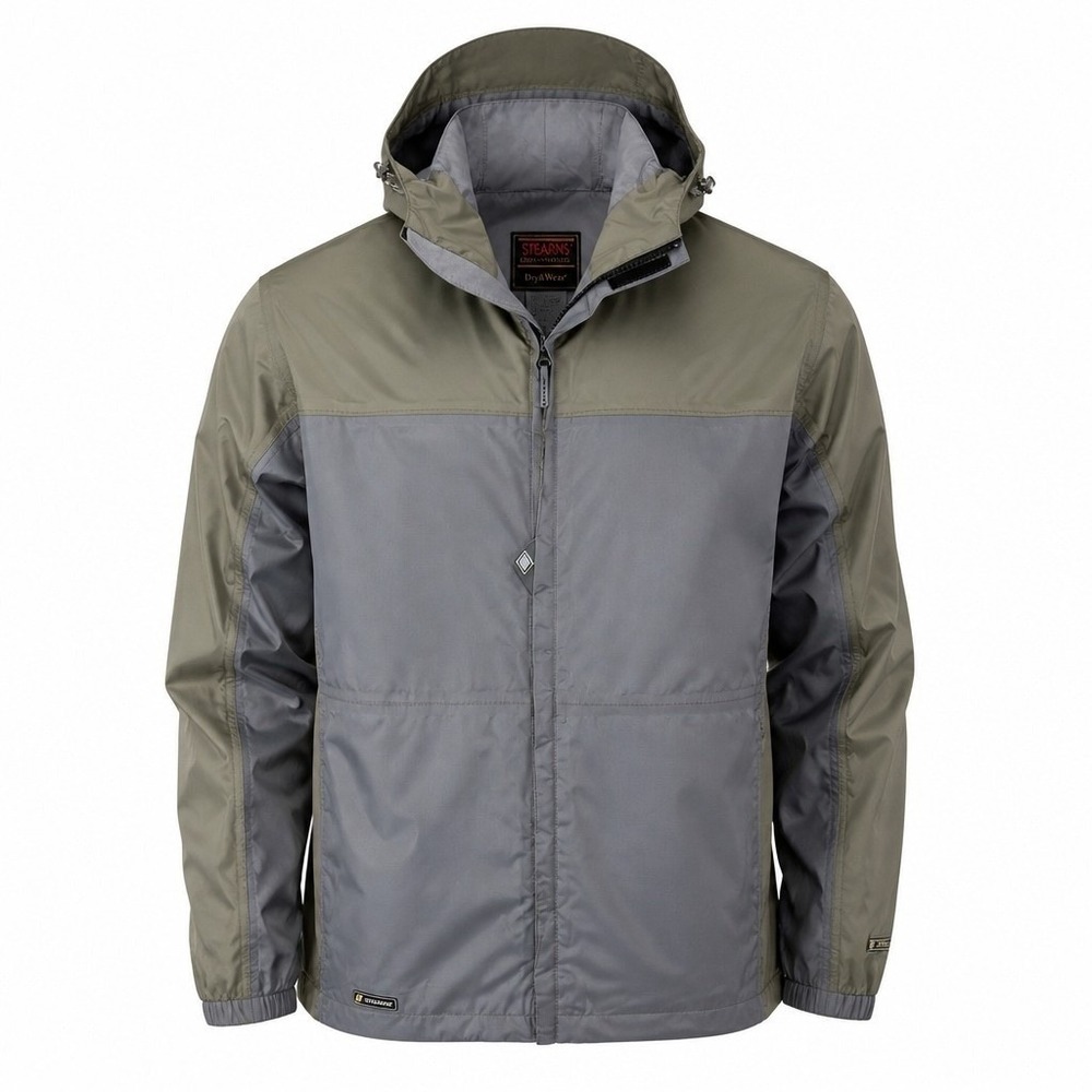 Stearns Dry Wear Rain Jacket  Mens 2XL Green Charcoal Hooded Ripstop Windbreaker